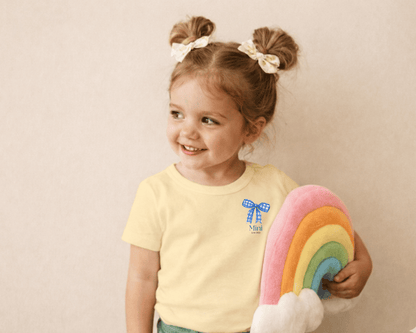 Mini & Me Kinder T-Shirt Schleife blau – Personalisierbar mit Datum
