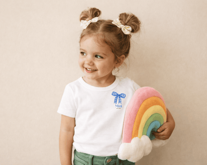 Mini & Me Kinder T-Shirt Schleife blau – Personalisierbar mit Datum
