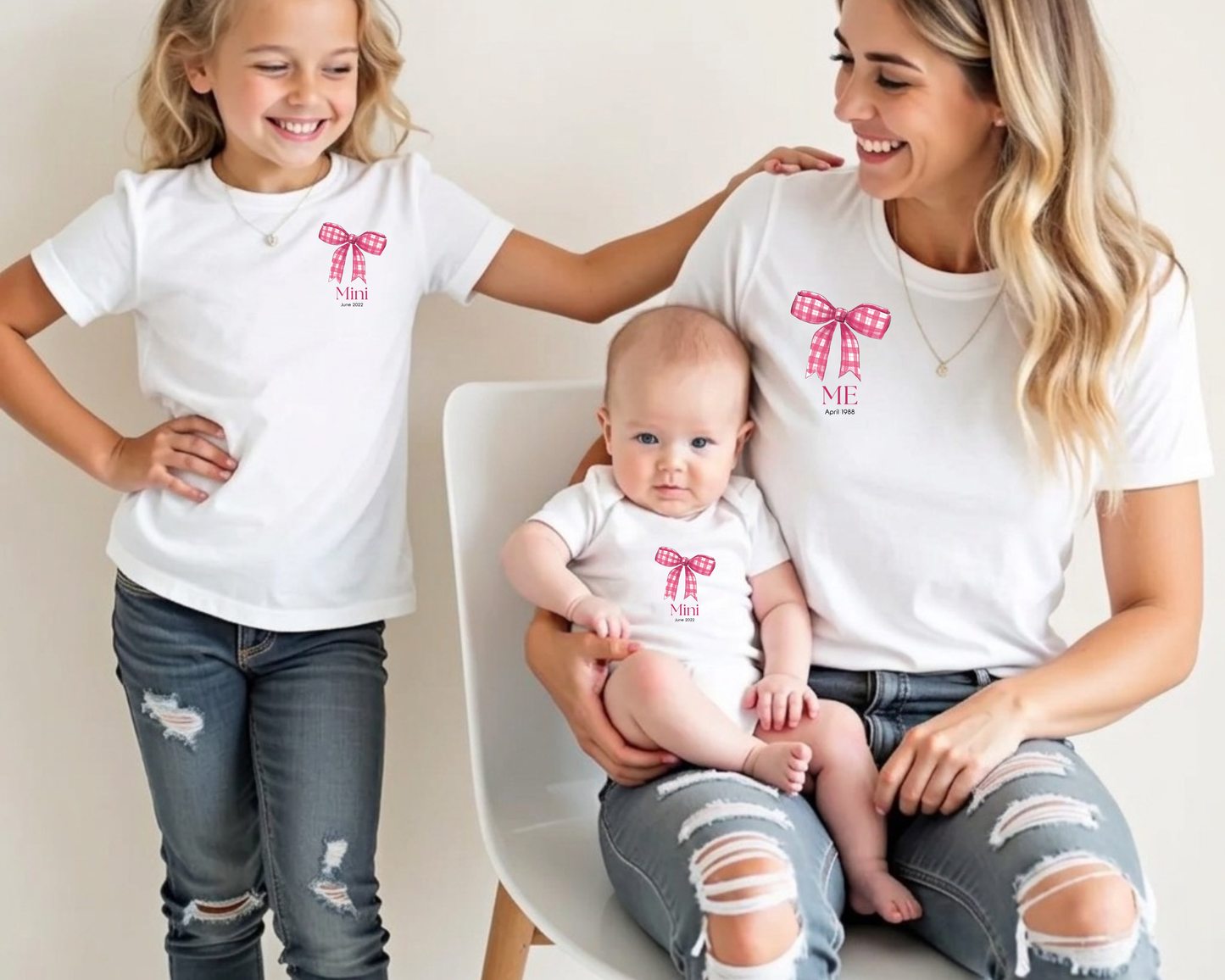 Mini & Me Kinder T-Shirt Schleife rosa – Personalisierbar mit Datum