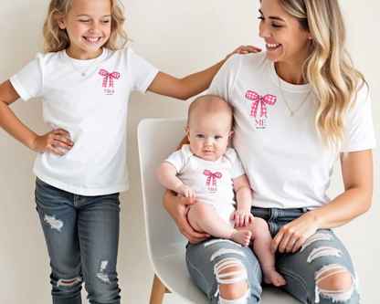 Mini & Me Kinder T-Shirt Schleife rosa – Personalisierbar mit Datum