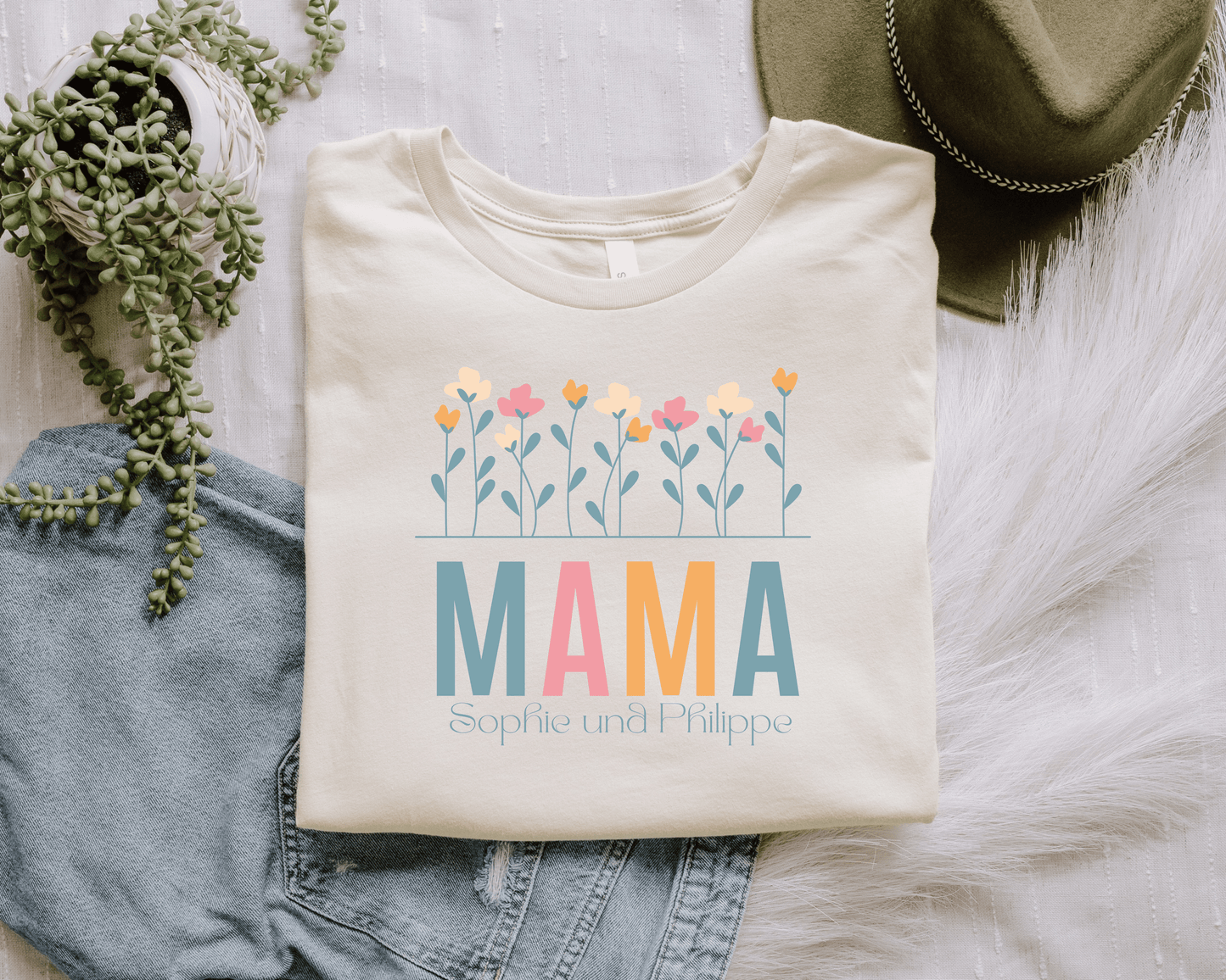 Mama T-Shirt Blumen - Personalisiert mit Kindernamen