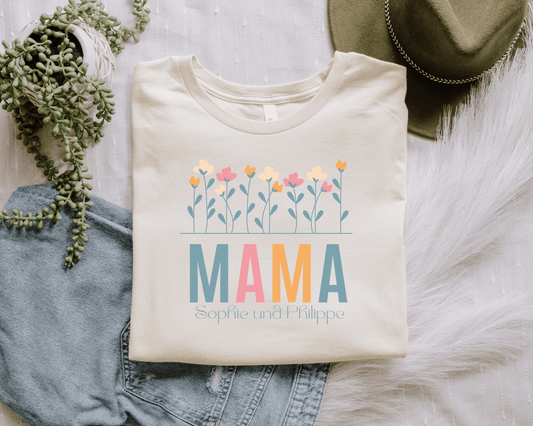 Mama T-Shirt Blumen - Personalisiert mit Kindernamen