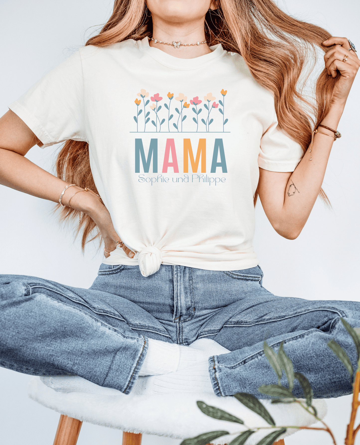 Mama T-Shirt Blumen - Personalisiert mit Kindernamen
