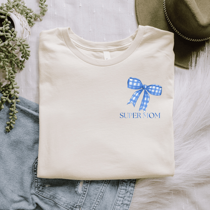 Mama T-Shirt Super Mom Schleife Blau – Personalisierbar mit Name
