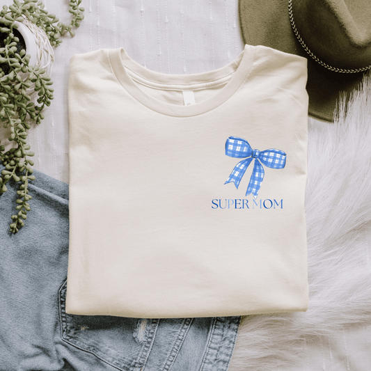 Mama T-Shirt Super Mom Schleife Blau – Personalisierbar mit Name