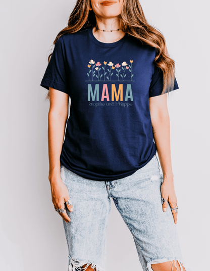 Mama T-Shirt Blumen - Personalisiert mit Kindernamen
