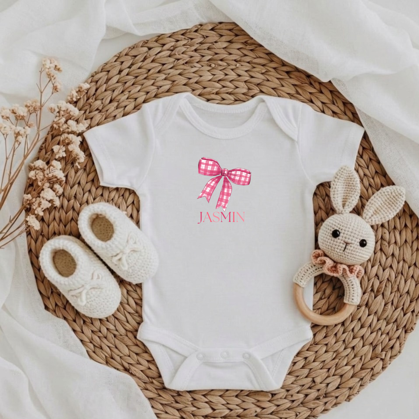 Baby Body Schleife Rosa – Personalisierbar mit Name