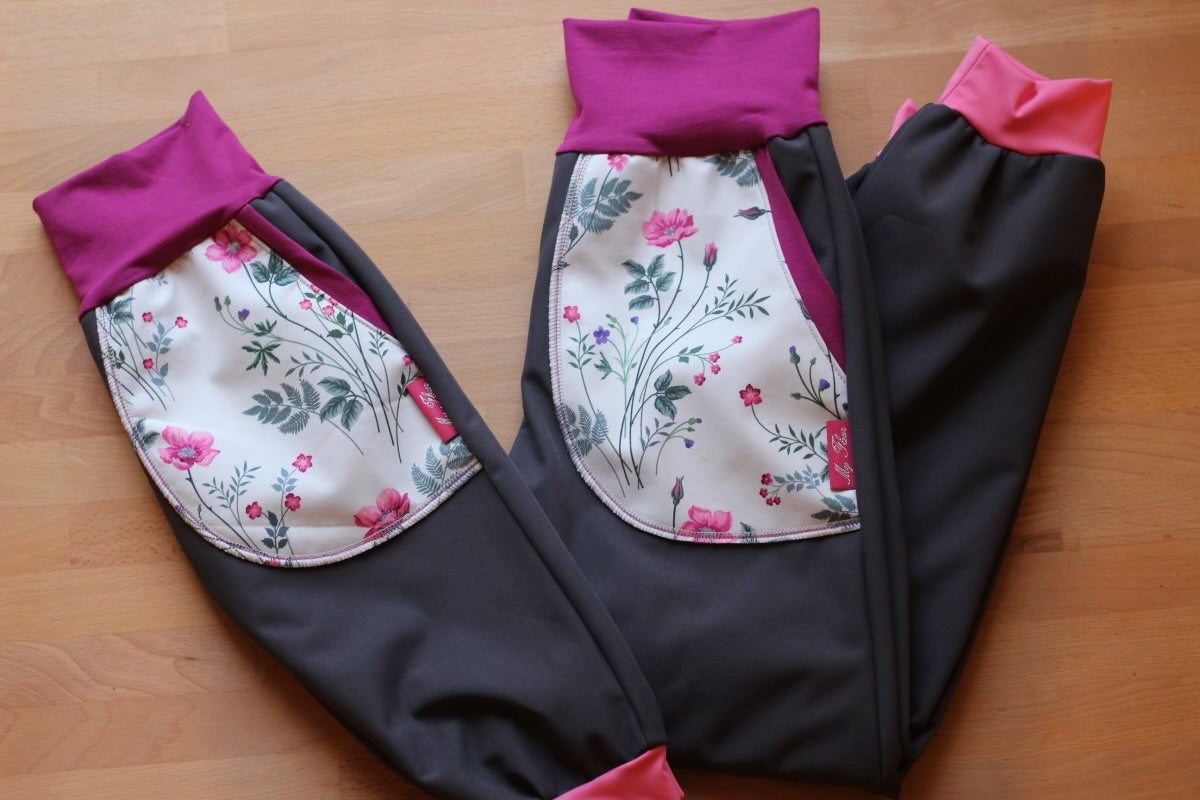 Pantalon softshell violet, fleurs