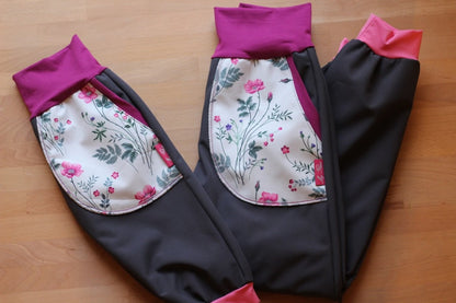 Pantalon softshell violet, fleurs