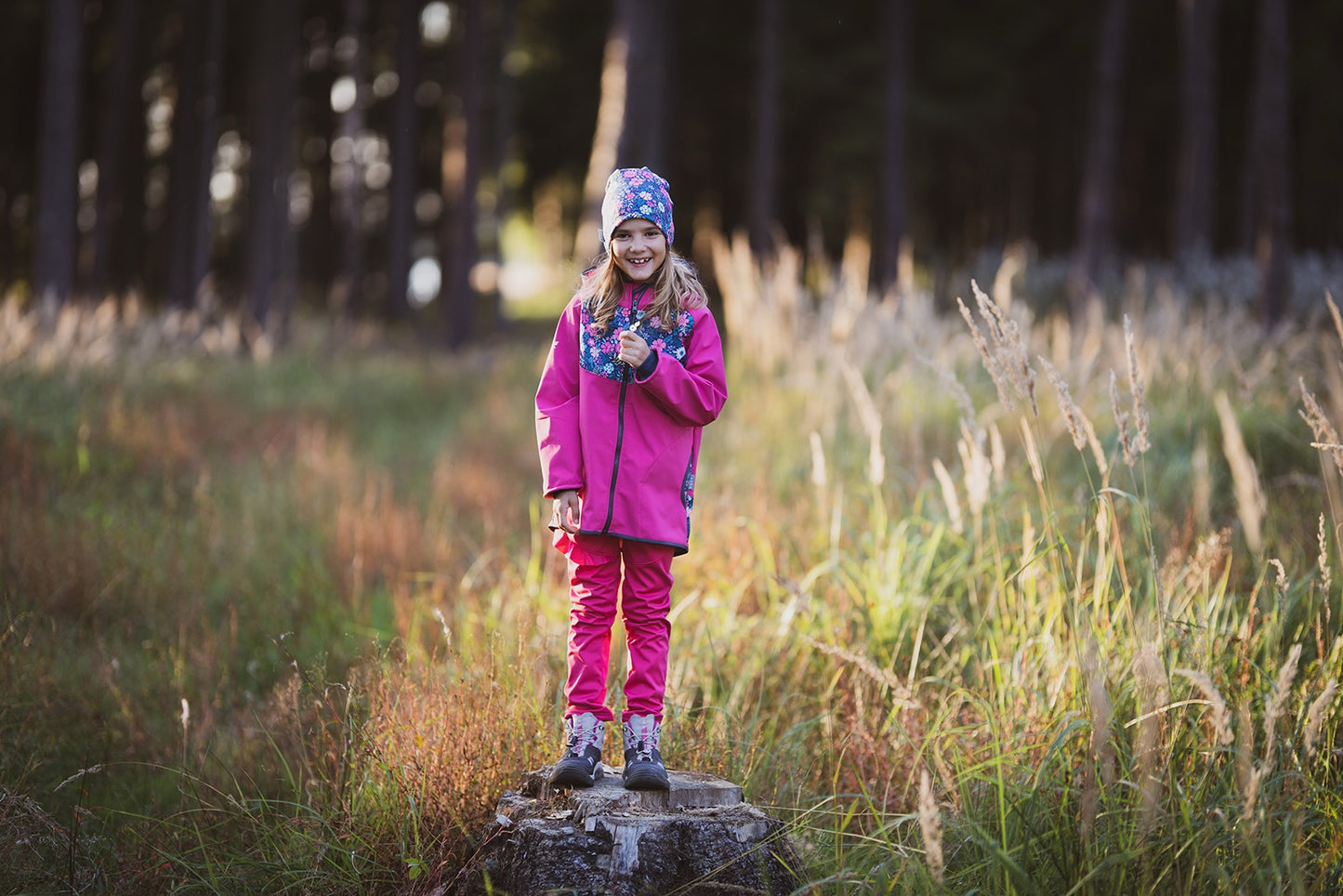Children's softshell jacket with fleece lining, fuchsia, flowers