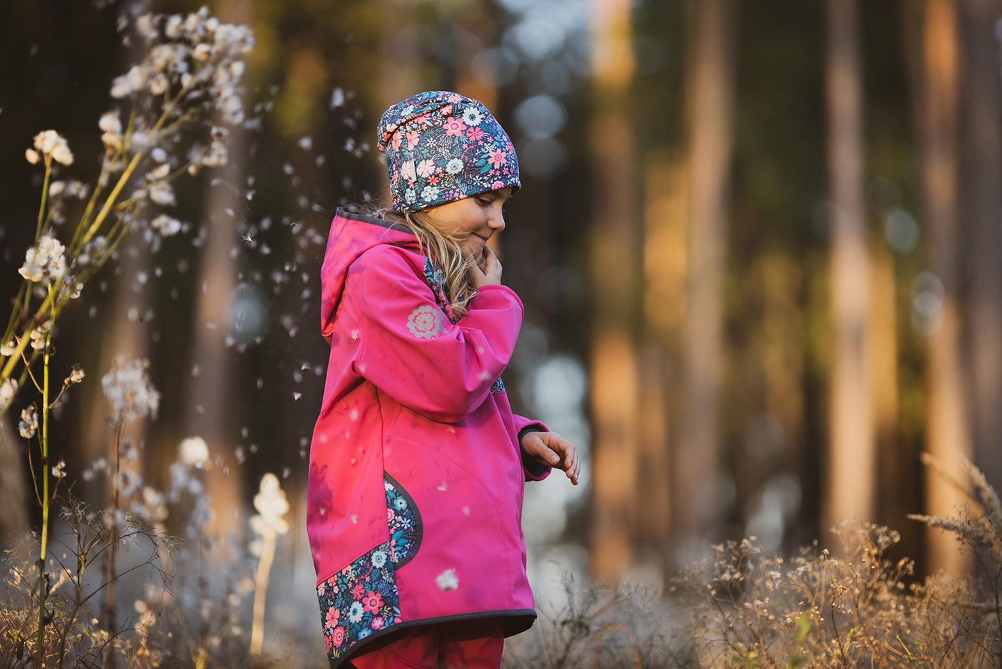 Children's softshell jacket with fleece lining, fuchsia, flowers