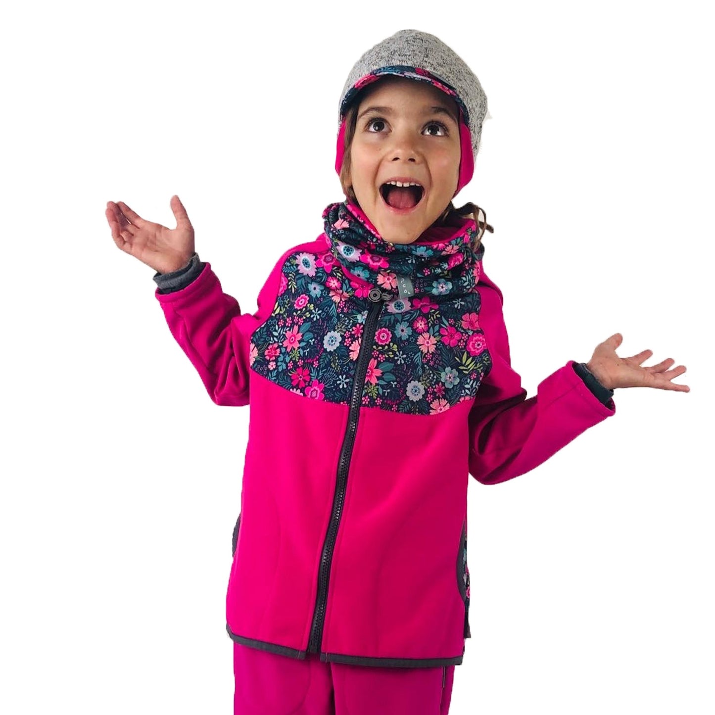 Children's softshell jacket with fleece lining, fuchsia, flowers