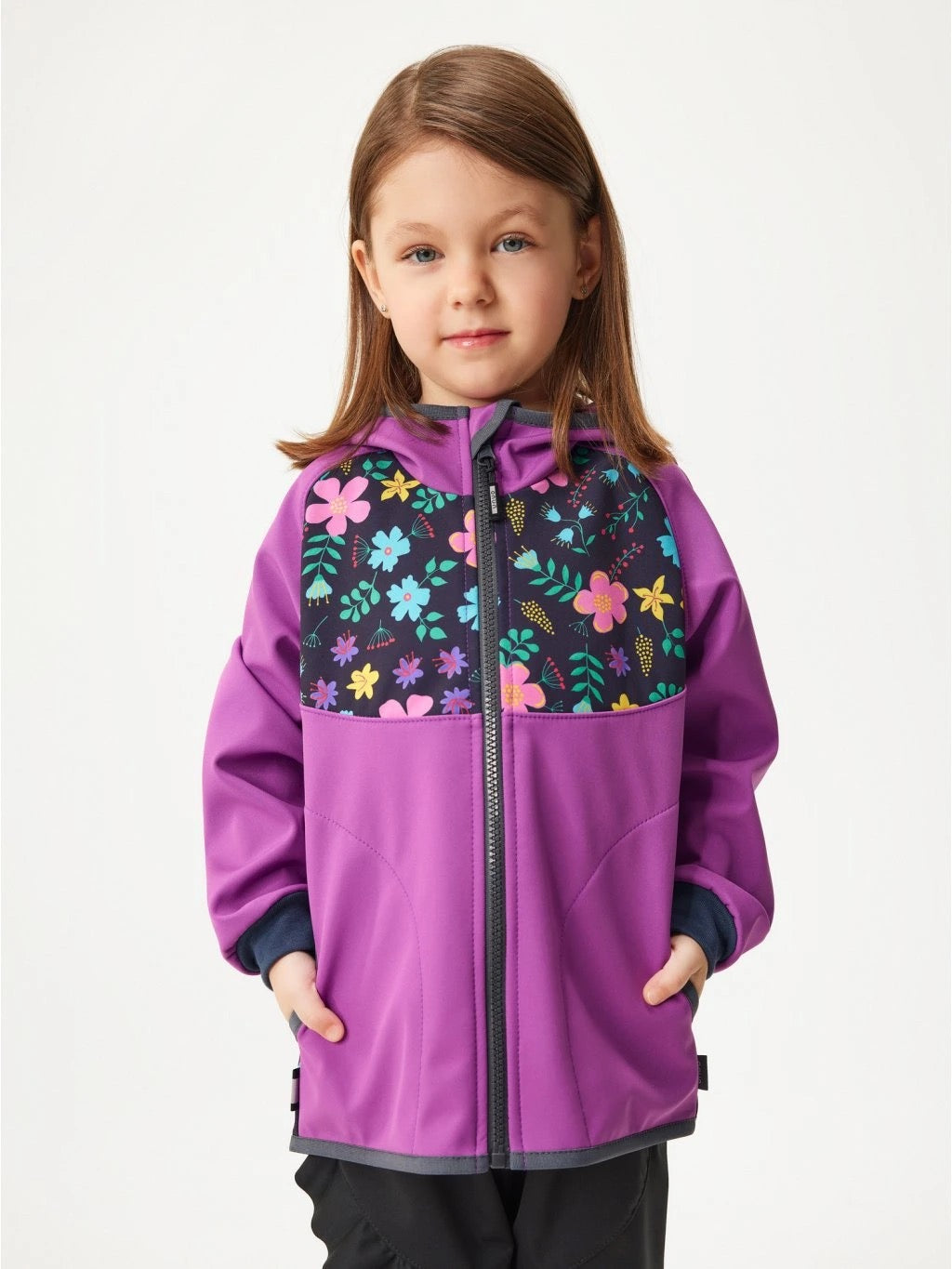 Children's softshell jacket without fleece, purple, floral