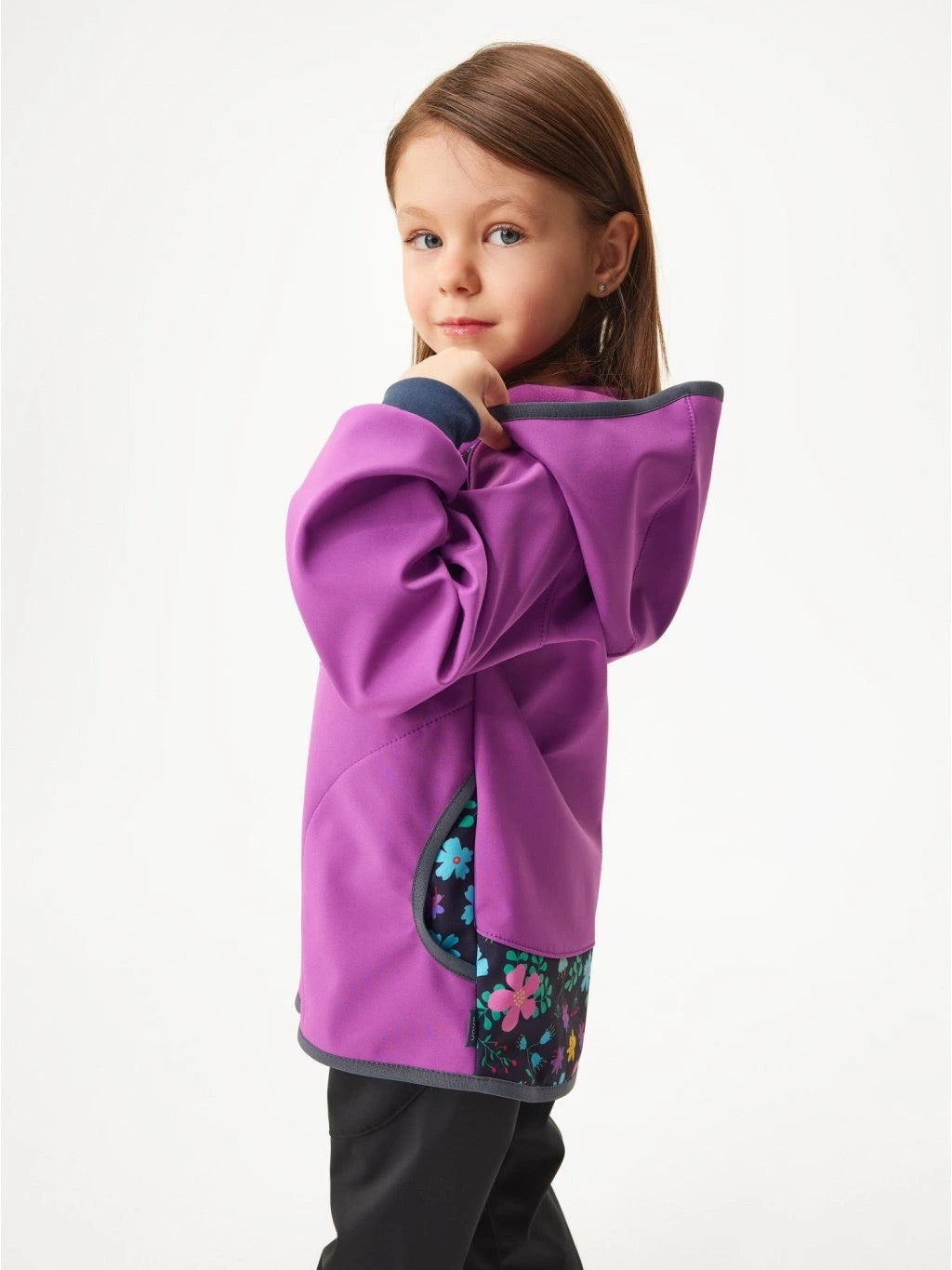 Children's softshell jacket without fleece, purple, floral