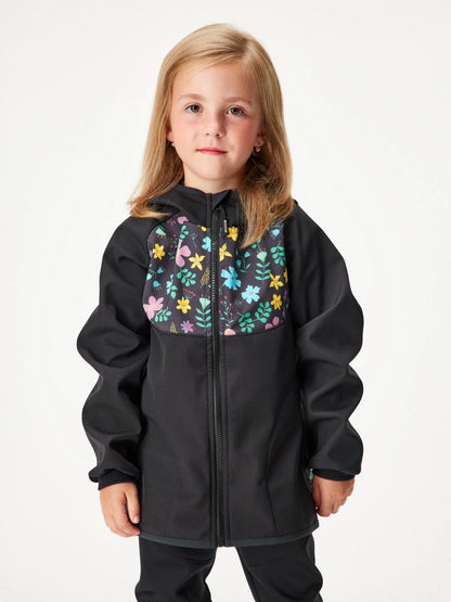Children's softshell jacket with fleece lining, black, floral