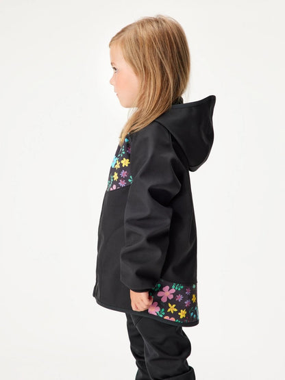 Children's softshell jacket with fleece lining, black, floral