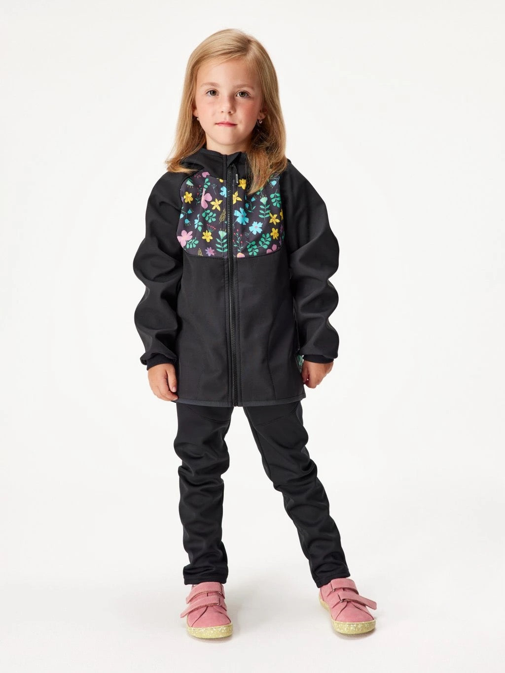Children's softshell jacket with fleece lining, black, floral