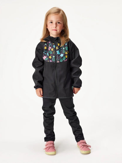 Children's softshell jacket with fleece lining, black, floral