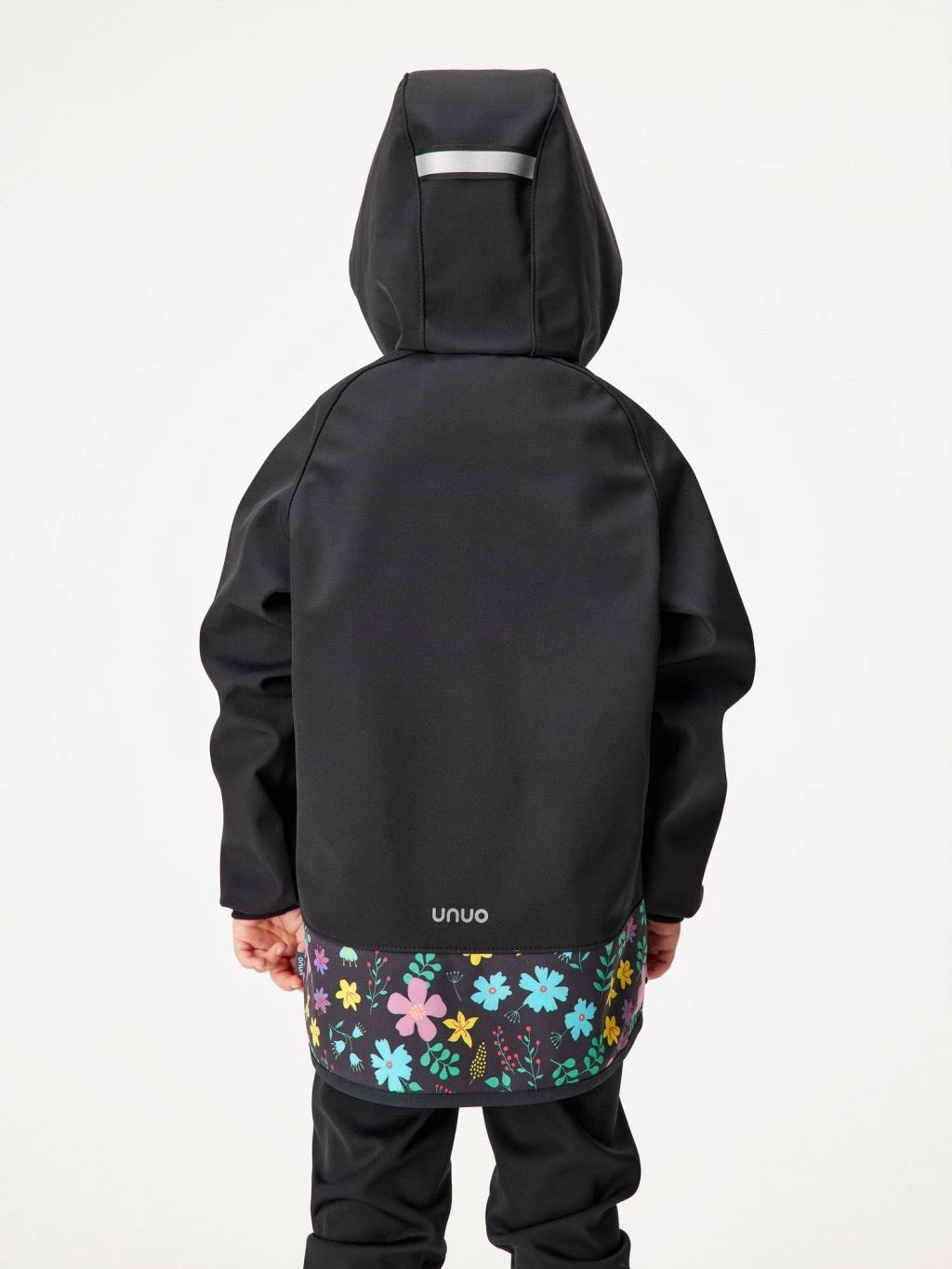 Children's softshell jacket with fleece lining, black, floral