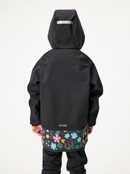 Children's softshell jacket with fleece lining, black, floral