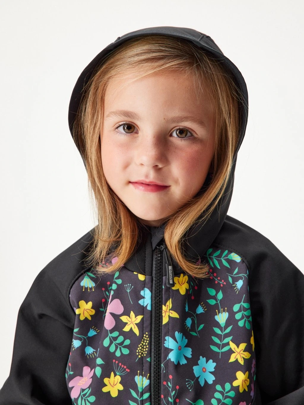 Children's softshell jacket with fleece lining, black, floral