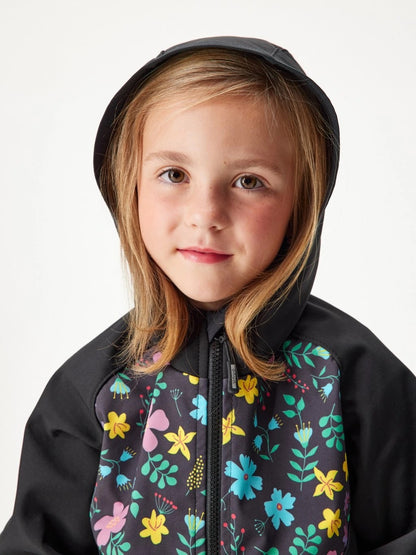 Children's softshell jacket with fleece lining, black, floral