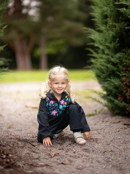 Children's softshell jacket with fleece lining, black, floral
