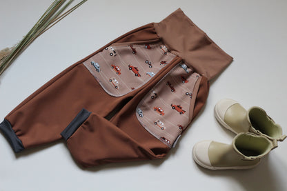 Brown softshell trousers, cars