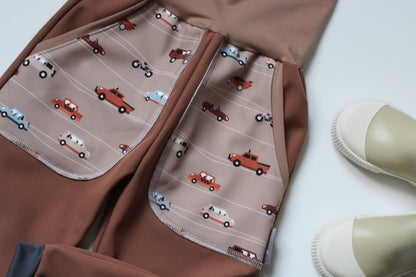 Brown softshell trousers, cars