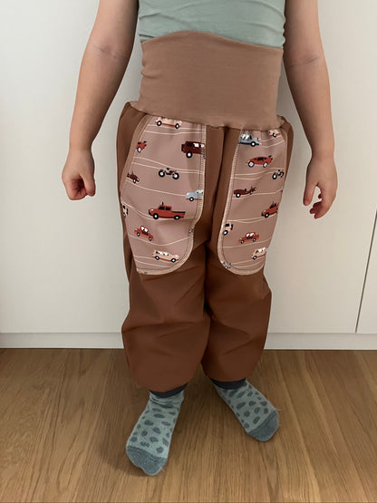 Brown softshell trousers, cars