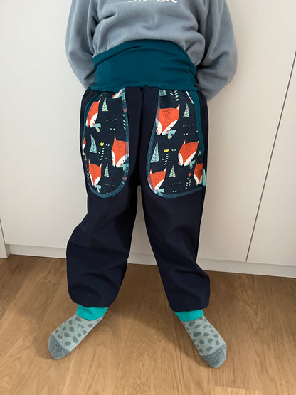Kinder Softshellhosen dunkelblau, Füchse petrol