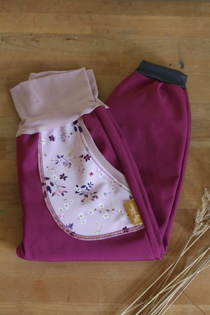 Pantalon softshell violet, fleurs