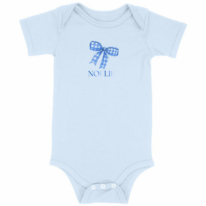 Baby Bodysuit – Baby Body Schleife Blau mit Name - vorderseite_blau