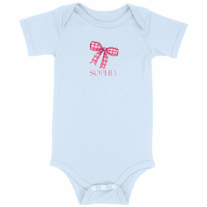 Baby Bodysuit – Niedlicher Baby Body mit rosa Schleife und Name - vorderseite_blau