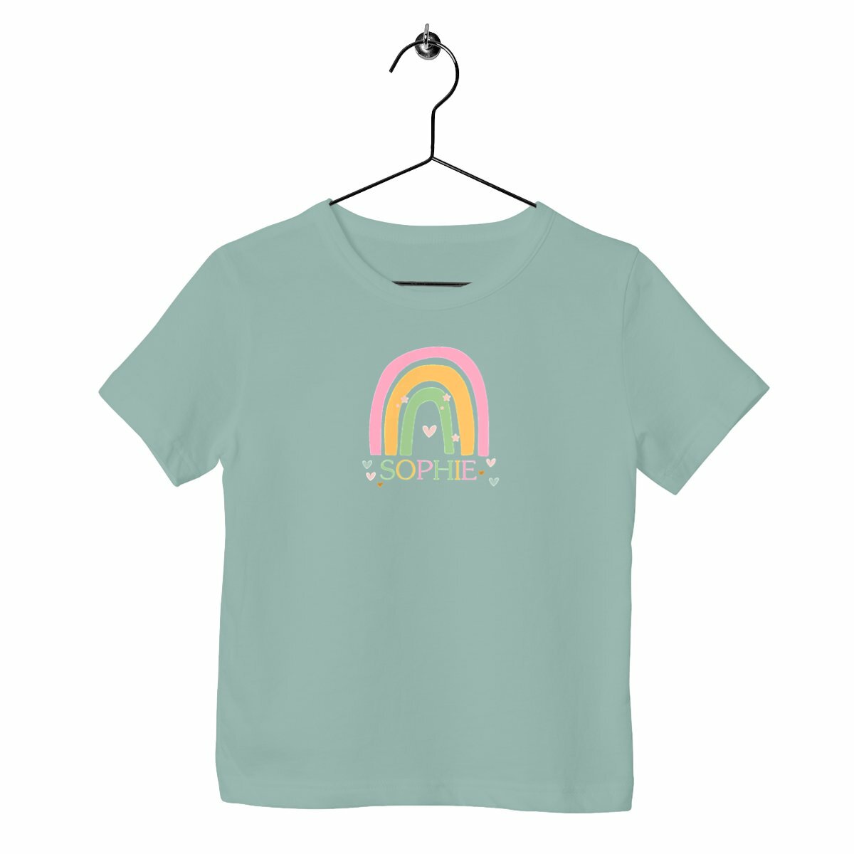 Kinder-T-Shirt mit Regenbogen und Namen - vorderseite_grün