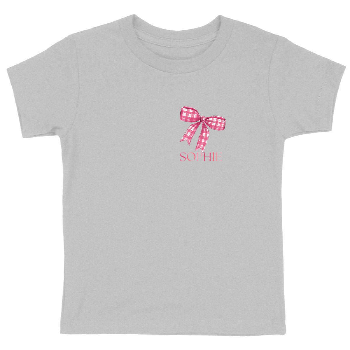 Kinder-T-Shirt mit Schleife und Namen - vorderseite_heidekrautgrau