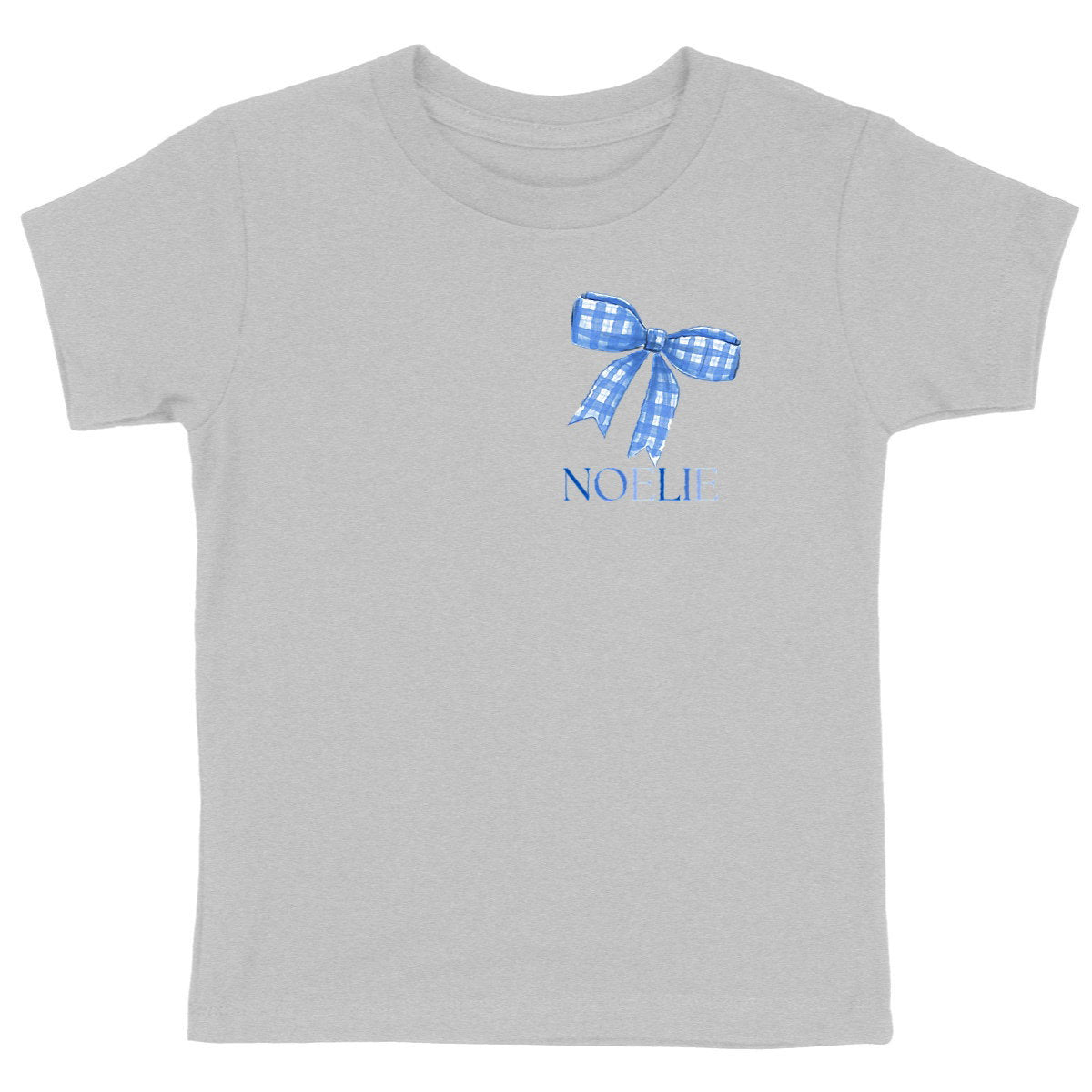 Schweres Kinder-T-Shirt mit persönlicher blauer Schleife - vorderseite_heidekrautgrau