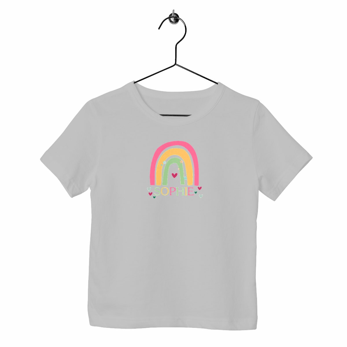Schweres Kinder-T-Shirt mit personalisierbarem Regenbogen - vorderseite_heidekrautgrau