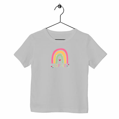 Schweres Kinder-T-Shirt mit personalisierbarem Regenbogen - vorderseite_heidekrautgrau