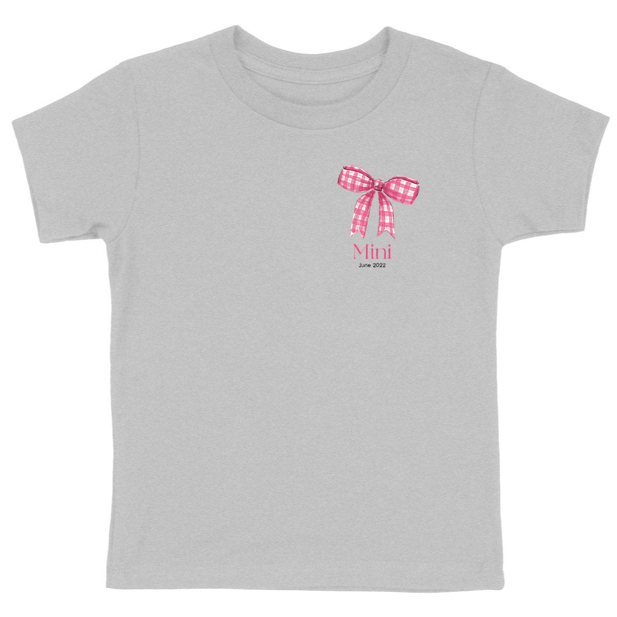 Kinder-T-Shirt, Personalisierbar Mini und Me mit Schleife rosa| 100% Bio-Baumwolle G.O.T.S - vorderseite_heidekrautgrau