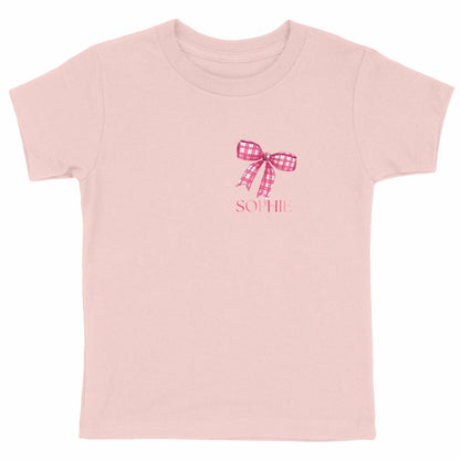 Kinder-T-Shirt mit Schleife und Namen - vorderseite_rosa