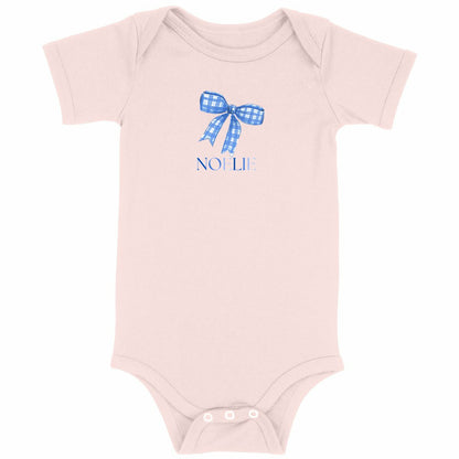 Baby Bodysuit – Baby Body Schleife Blau mit Name - vorderseite_rosa