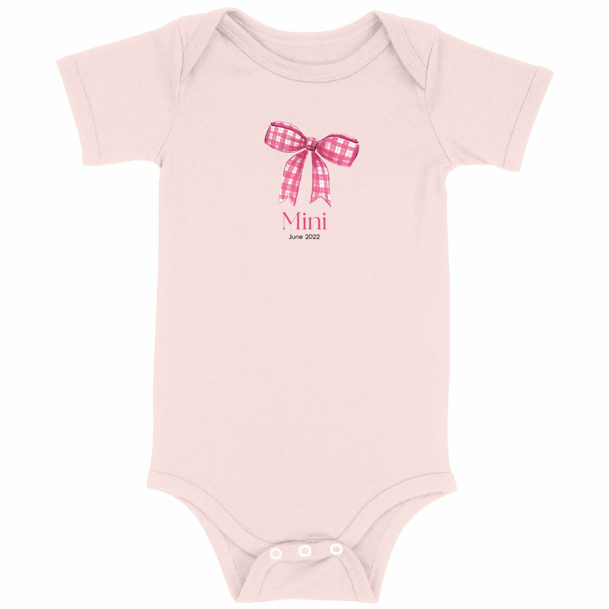 Baby Bodysuit mit rosa-karrierter Schleife – Mini & Me - vorderseite_rosa