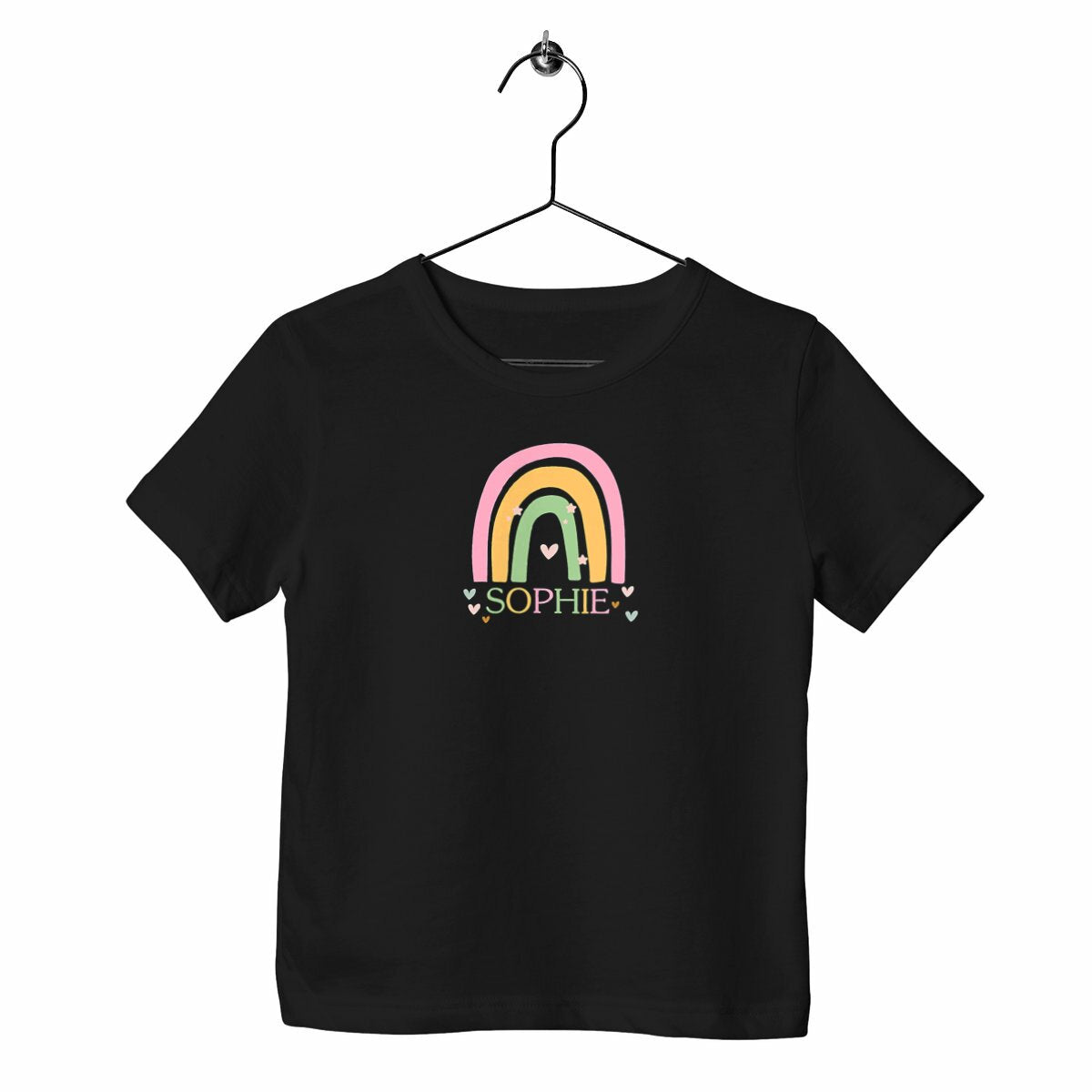 Kinder-T-Shirt mit Regenbogen und Namen - vorderseite_schwarz