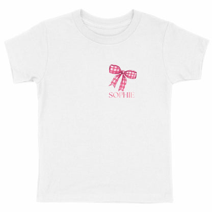Kinder-T-Shirt mit Schleife und Namen - vorderseite_weiß