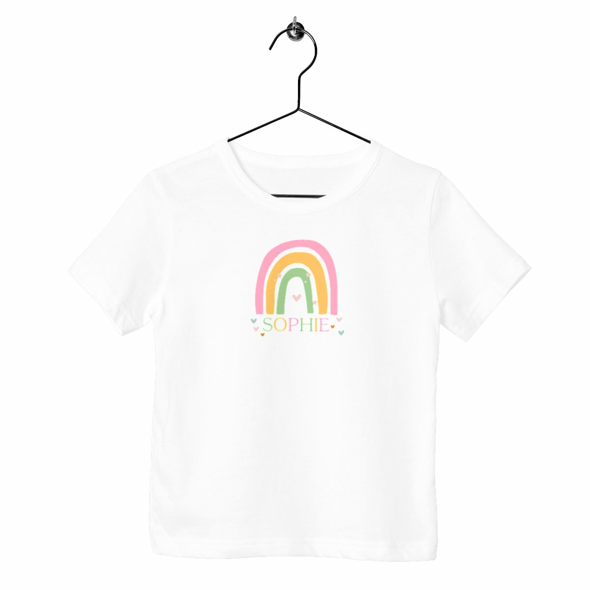 Kinder-T-Shirt mit Regenbogen und Namen - vorderseite_weiß