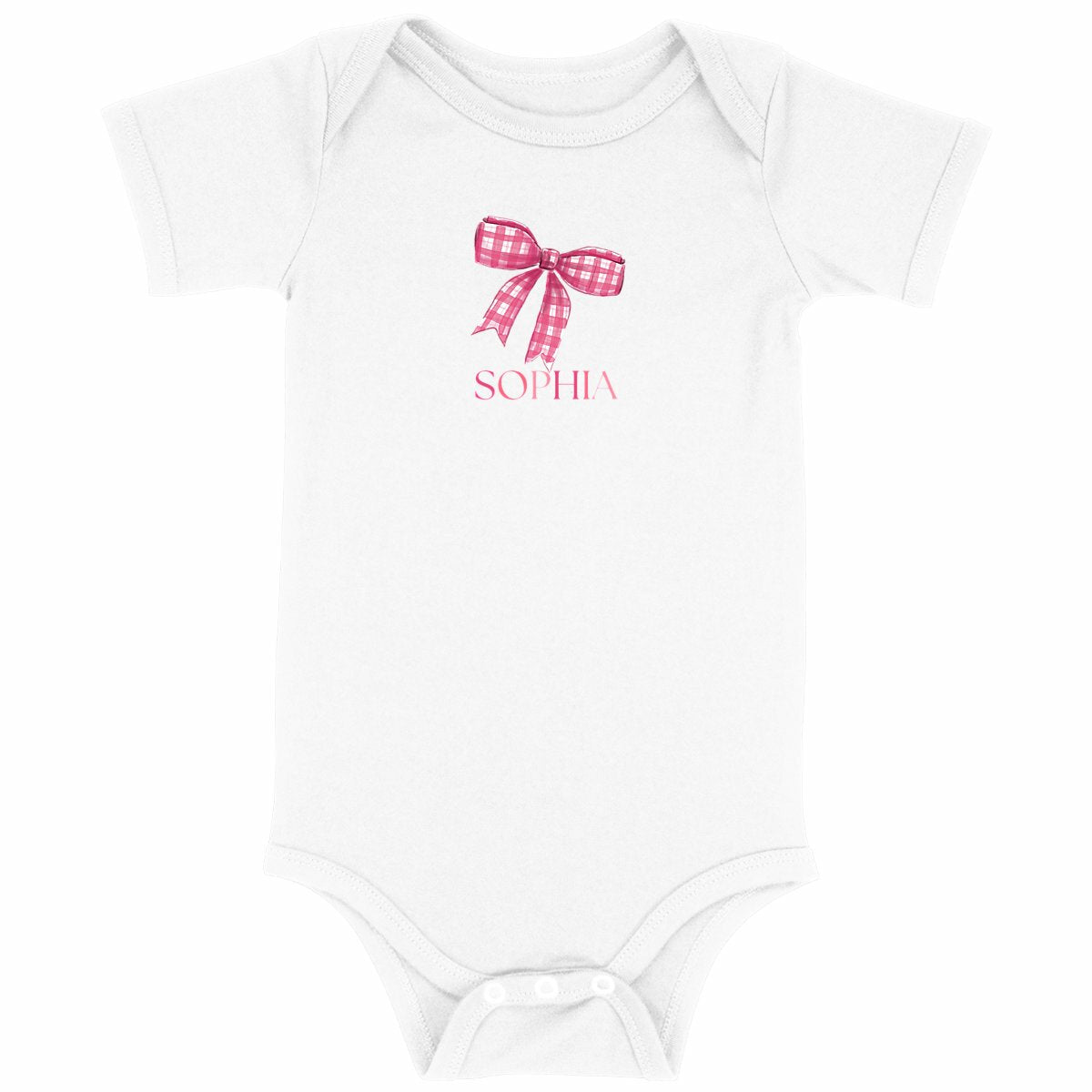 Baby Bodysuit – Niedlicher Baby Body mit rosa Schleife und Name - vorderseite_weiß