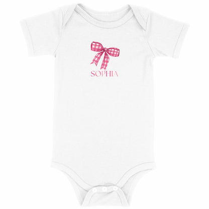 Baby Bodysuit – Niedlicher Baby Body mit rosa Schleife und Name - vorderseite_weiß